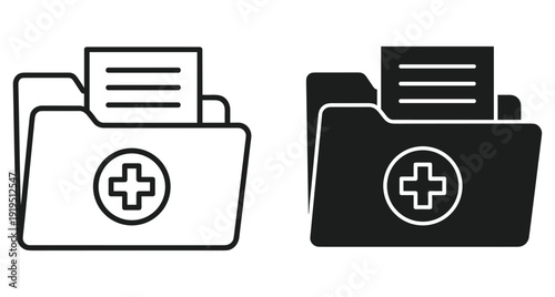 Black and white medical folder icons representing patient records and healthcare document storage