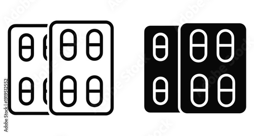 Set of medicine capsule blister packs shown in thin line and solid silhouette