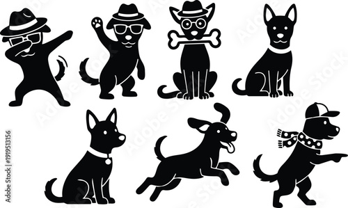 Flat design playful dog silhouettes set multiple poses with hat glasses bone running sitting pointing in simple black vector icons