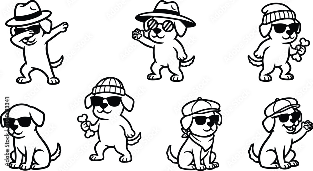 Fototapeta premium Cartoon vector line art set of eight cool dogs wearing sunglasses hats and accessories performing playful poses and gestures smiling