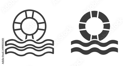 Minimalist lifebuoy icons in outline and solid styles floating on water waves for safety