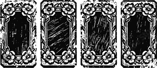 vintage tarot card backs with floral borders in distressed black and white design set