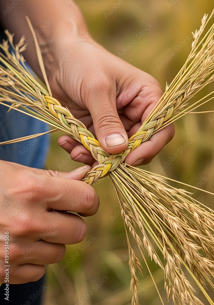 Fototapeta premium Delicate weaving of wheat stems with artisan hands detailed portrait