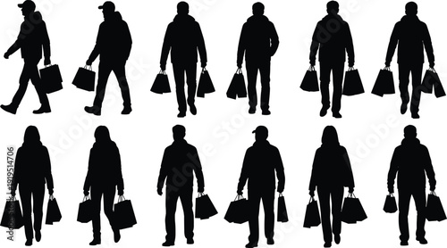 Shopping people silhouettes, retail consumer characters, carrying shopping bags, buyer activity, lifestyle concept, urban shopping, customer illustration, purchase behavior design