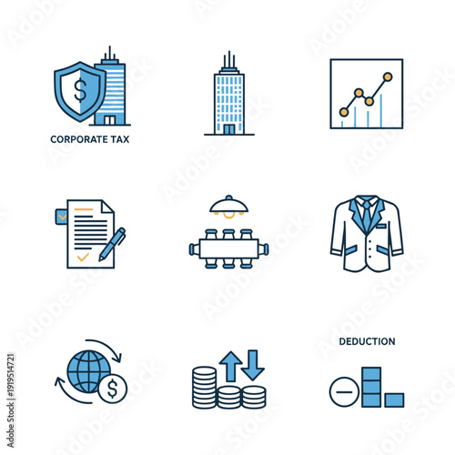 Business and Finance Icons: Corporate Tax, Growth, Contracts, and Deductions