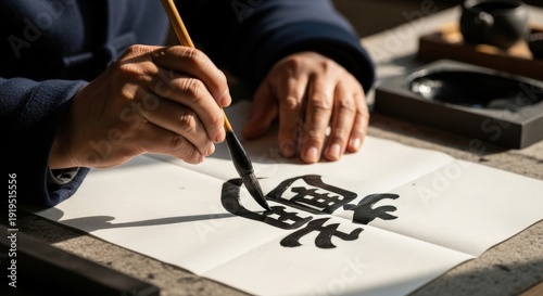 Artist Practicing Asian Calligraphy with Brush and Ink on Paper Traditional Art Form Practicing Skill Asian Culture Brush Stroke