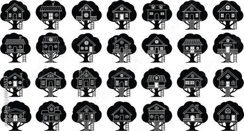 Tree house silhouettes collection, wooden cabin architecture, fantasy home design, nature living concept, eco lifestyle, outdoor dwelling illustration set