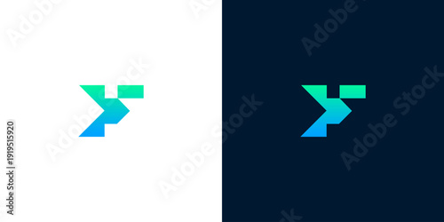 Modern abstract letter F logo design, geometric shapes in blue and green gradient, suitable for tech companies, startups, and digital businesses