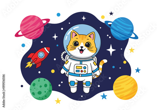 Cute astronaut cat floating in outer space with rocket, planets and stars, playful cartoon animal character exploring galaxy universe, space adventure concept, modern flat vector illustration