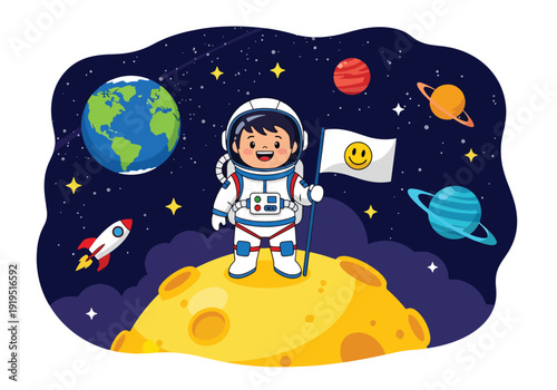 Professional astronaut standing on the moon surface holding flag with Earth rising in background. Space exploration mission and scientific discovery concept for aerospace industry illustration