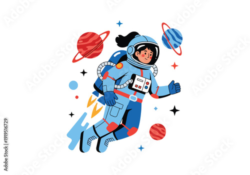 Astronaut floating in outer space using jetpack surrounded by stars and planets. Spacewalk activity and cosmic adventure concept for futuristic aerospace mission illustration