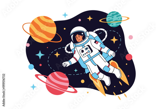 Astronaut floating in outer space using jetpack surrounded by stars and planets. Spacewalk activity and cosmic adventure concept for futuristic aerospace mission illustration