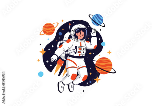 Astronaut floating in outer space using jetpack surrounded by stars and planets. Spacewalk activity and cosmic adventure concept for futuristic aerospace mission illustration