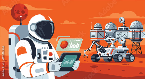 Astronaut analyzing planet data on Mars surface using tablet with rover and station behind. Space research and science exploration concept for aerospace technology industry illustration