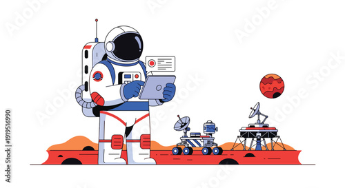 Astronaut analyzing planet data on Mars surface using tablet with rover and station behind. Space research and science exploration concept for aerospace technology industry illustration