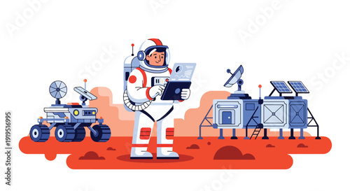 Astronaut analyzing planet data on Mars surface using tablet with rover and station behind. Space research and science exploration concept for aerospace technology industry illustration