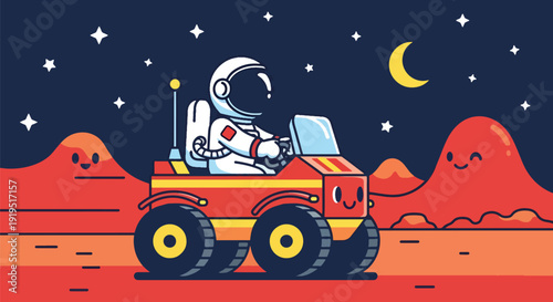 Astronaut driving rover vehicle across Mars landscape with mountains and stars. Space transportation and planetary exploration concept for aerospace innovation illustration