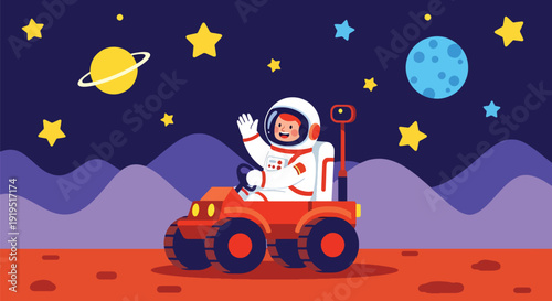 Astronaut driving rover vehicle across Mars landscape with mountains and stars. Space transportation and planetary exploration concept for aerospace innovation illustration