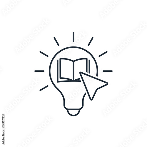An open book inside a light bulb with a mouse cursor. The idea of ​​gaining knowledge information through digital platforms or e-books.Vector linear icon illustration isolated on white background.