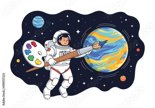 Astronaut painting colorful planet with large brush in outer space. Creative imagination and artistic cosmic exploration concept for futuristic illustration design