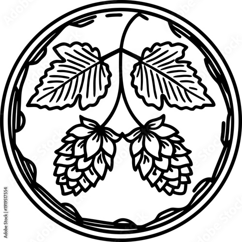 Vintage hops cones with leaves emblem in circular frame design