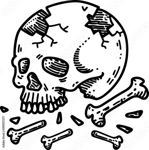 Cracked human skull with scattered bones illustration, broken skeletal remains design
