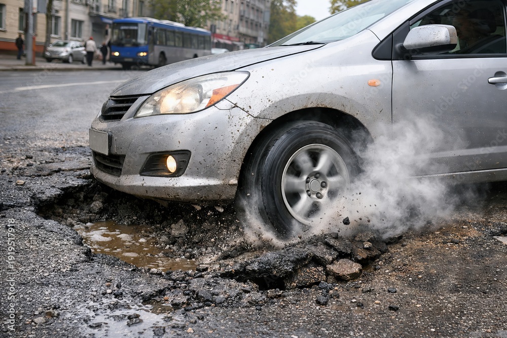 Naklejka premium Silver car wheel stuck in a huge pothole on damaged road with smoke coming from tire. Vehicle breakdown situation and road maintenance concept