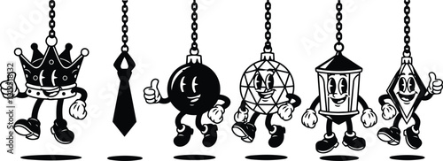 Vintage cartoon vector retro style row of hanging mascot ornaments crown tie ball disco ball lantern diamond smiling thumbs up