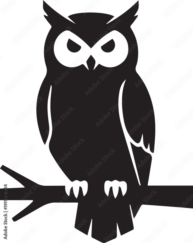 Fototapeta premium Great Horned Owl Sitting on Tree Branch Silhouettes Geometric Vector
