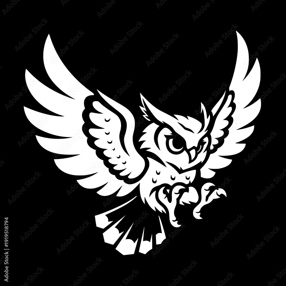 Obraz premium white owl bird silhouette with wings in flight, fierce nocturnal predator wildlife animal illustration isolated on dark background in modern minimal design.