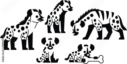 Flat design playful spotted hyena family in various poses adult walking sitting puppy chewing bone close up side view silhouette