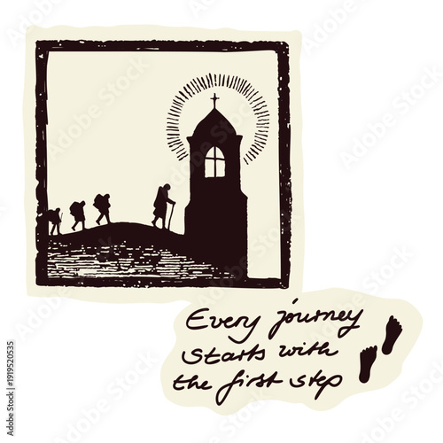 Backpacker pilgrims group on St James way. Hand drawn vector motif year of jubilee pilgrimage. Simple black and white sacred trail hike sign for european albbergue or hostel. Motivational quote