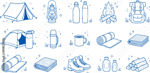 Editable dual tone icon set of Camping gear icons for outdoor adventure travel and hiking Vector illustration