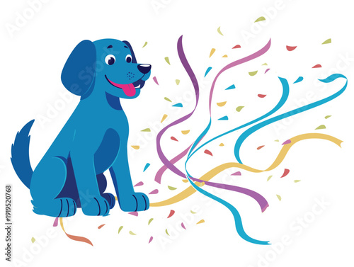 A blue cartoon dog sitting with colorful confetti and ribbons around it happily animal celebration