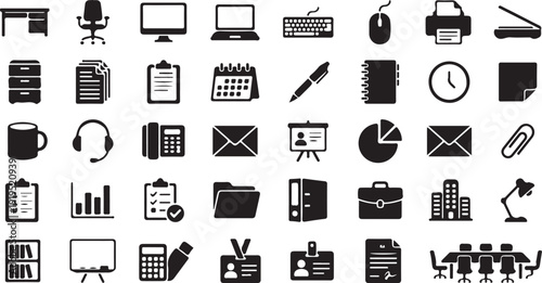 Editable dual tone icon set of Business office supplies and equipment tools Vector illustration