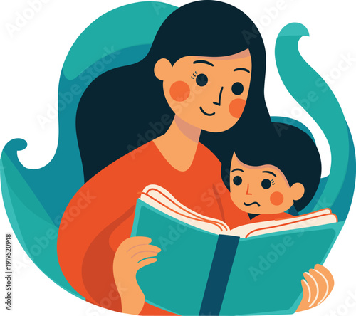 Cartoon woman and child reading a book together with a teal background happy family moment