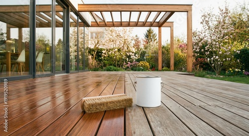 Refreshing wooden deck boards with protective oil coating on a spacious backyard terrace with modern pergola.