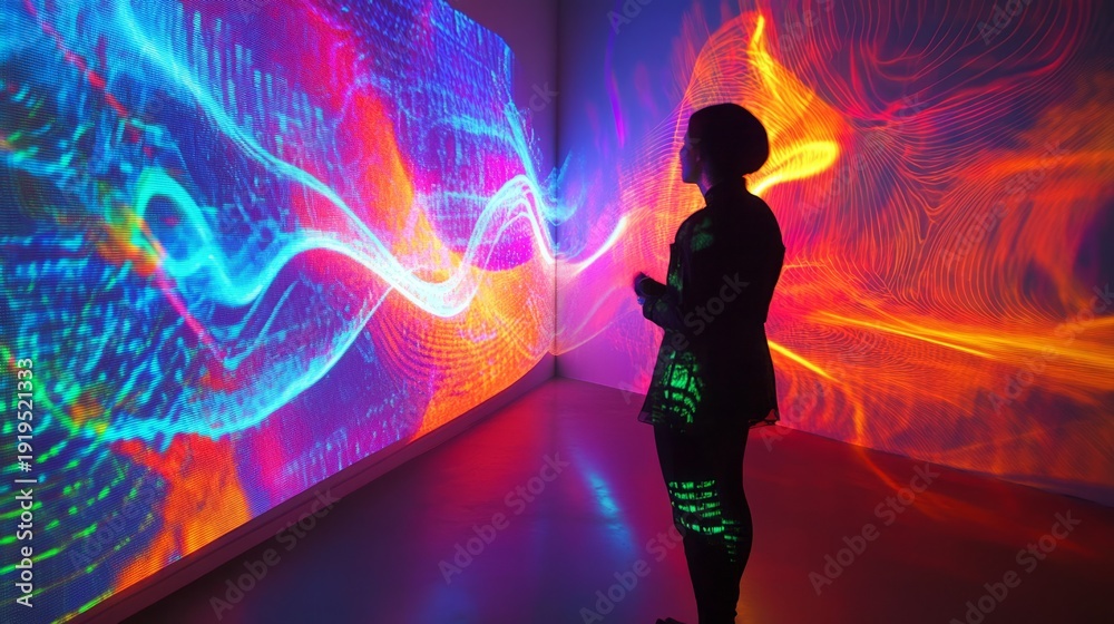 © Nataliia - Silhouette of female admiring vibrant digital art in gallery