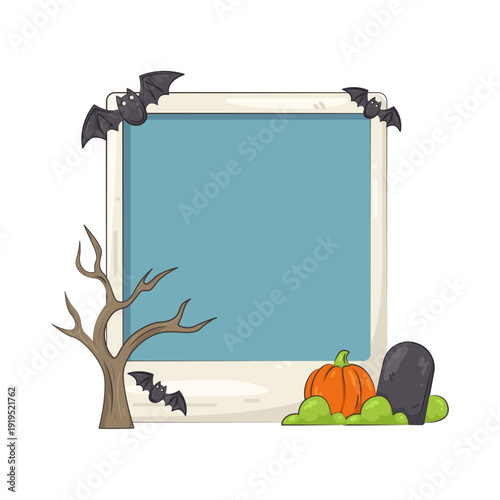 Illustration of Halloween Themed Photo Frame with Pumpkin and Bats