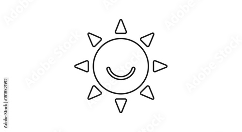 Happy Smiling Sun Outline Graphic on Isolated White Background