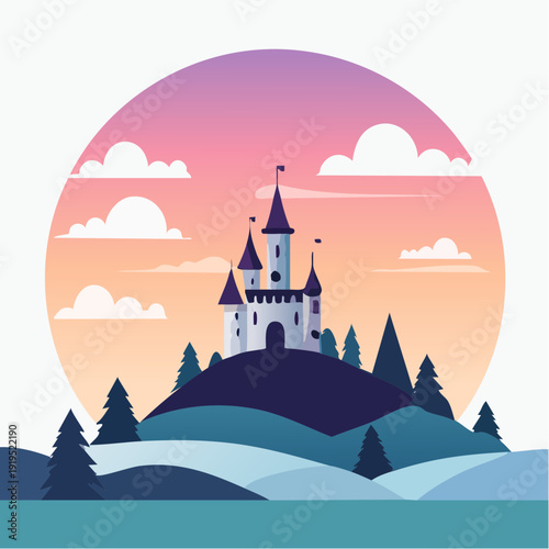 Enchanted fairytale castle majestically perched on a serene hill under a vibrant, colorful sunset sky
