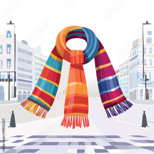 Colorful scarf graphic over a stylized cityscape background