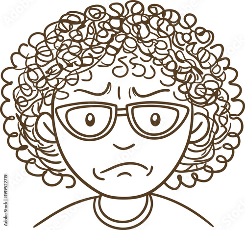 Angry woman face with curly hair and glasses frustrated female character with frown and furrowed eyebrows