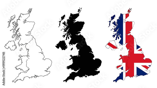 United Kingdom map illustration sequence showing outline, silhouette, and flag integration from a frontal viewpoint