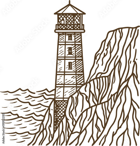 Coastal lighthouse standing tall on rugged cliff with ocean waves surrounding the shore