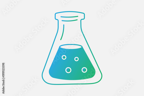 : A vector illustration of an Erlenmeyer flask (conical flask). It has a narrow neck and a wide base partially filled with a bubbling gradient liquid, representing