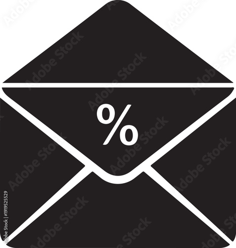 Black envelope icon with white percentage sign isolated on transparent background