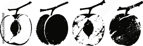 grunge black and white plum fruit silhouettes set, distressed texture illustrations
