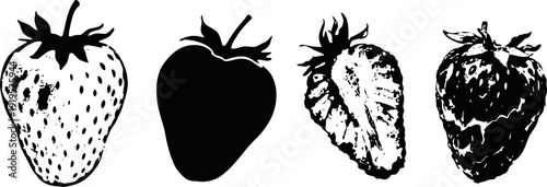 Four black and white strawberry illustrations in different artistic styles and textures