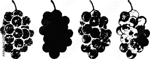 vintage grape cluster illustrations in black silhouette and textured styles, winery and fruit design elements